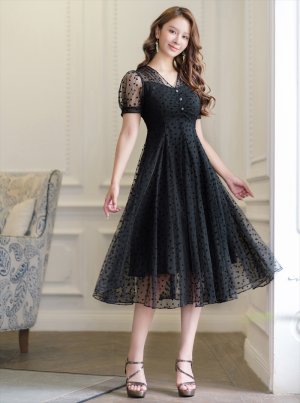 画像3: [送料無料][GINZA COUTURE]ブラック・パフスリーブ・シアー・ハート・ドット・チュールレース・Aライン・ミディアムドレス・ワンピース[即日発送][大きいサイズあり]