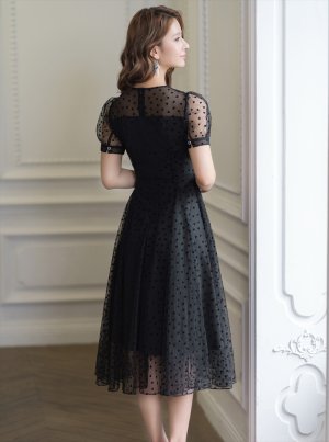 画像4: [送料無料][GINZA COUTURE]ブラック・パフスリーブ・シアー・ハート・ドット・チュールレース・Aライン・ミディアムドレス・ワンピース[即日発送][大きいサイズあり]