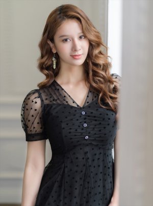 画像5: [送料無料][GINZA COUTURE]ブラック・パフスリーブ・シアー・ハート・ドット・チュールレース・Aライン・ミディアムドレス・ワンピース[即日発送][大きいサイズあり]