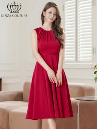 [送料無料][GINZA COUTURE]ワインレッド・ワンカラー・サテン・シンプル・ノースリーブ・切替・Aライン・フレア・ミディアムドレス・ワンピース[即日発送][大きいサイズあり]