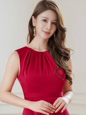 画像4: [送料無料][GINZA COUTURE]ワインレッド・ワンカラー・サテン・シンプル・ノースリーブ・切替・Aライン・フレア・ミディアムドレス・ワンピース[即日発送][大きいサイズあり]