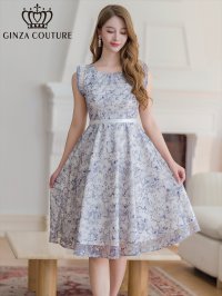 [送料無料][GINZA COUTURE]ブルー・ピンク・フレンチ・フリルスリーブ・総レース・Aライン・ミディアムドレス・ワンピース[即日発送][大きいサイズあり]