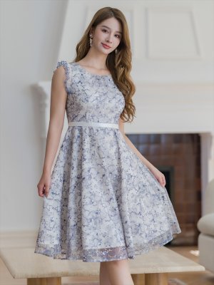画像2: [送料無料][GINZA COUTURE]ブルー・ピンク・フレンチ・フリルスリーブ・総レース・Aライン・ミディアムドレス・ワンピース[即日発送][大きいサイズあり]