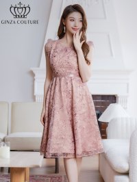 [送料無料][GINZA COUTURE]ピンク・ブルー・フレンチ・フリルスリーブ・総レース・膝丈・Aライン・ミディアムドレス・ワンピース[即日発送][大きいサイズあり]