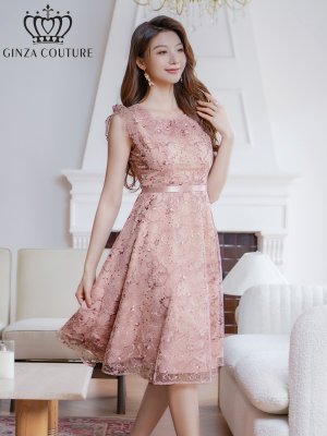 画像2: [送料無料][GINZA COUTURE]ピンク・ブルー・フレンチ・フリルスリーブ・総レース・膝丈・Aライン・ミディアムドレス・ワンピース[即日発送][大きいサイズあり]