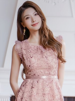 画像4: [送料無料][GINZA COUTURE]ピンク・ブルー・フレンチ・フリルスリーブ・総レース・膝丈・Aライン・ミディアムドレス・ワンピース[即日発送][大きいサイズあり]