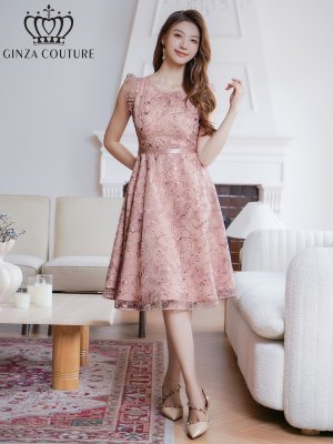画像5: [送料無料][GINZA COUTURE]ピンク・ブルー・フレンチ・フリルスリーブ・総レース・膝丈・Aライン・ミディアムドレス・ワンピース[即日発送][大きいサイズあり]