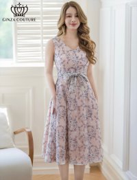 [送料無料][GINZA COUTURE]ホワイト×ネイビー・総レース・スパンコール・リボンベルト・ウエストマーク・ノースリーブ・Vネック・Aライン・ミディアムドレス・ワンピース[即日発送][大きいサイズあり]
