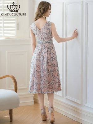 画像4: [送料無料][GINZA COUTURE]ホワイト×ネイビー・総レース・スパンコール・リボンベルト・ウエストマーク・ノースリーブ・Vネック・Aライン・ミディアムドレス・ワンピース[即日発送][大きいサイズあり]