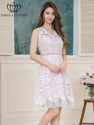画像2: [送料無料][GINZA COUTURE]ピンク×ホワイト・ブルー×ホワイト・レース・Vネック・ノースリーブ・切替・Aライン・ミニドレス・ワンピース[即日発送][大きいサイズあり]