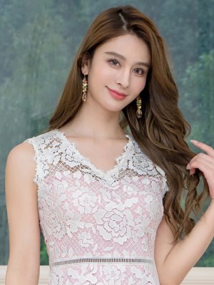 画像4: [送料無料][GINZA COUTURE]ピンク×ホワイト・ブルー×ホワイト・レース・Vネック・ノースリーブ・切替・Aライン・ミニドレス・ワンピース[即日発送][大きいサイズあり]