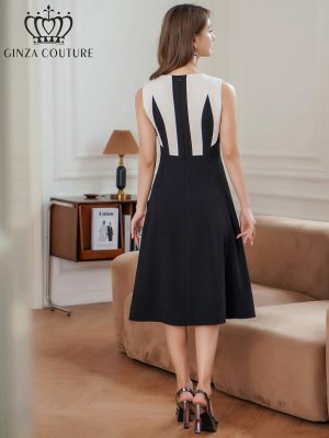 画像3: [送料無料][GINZA COUTURE]ブラック×ベージュ・シンプル・バイカラー・ノースリーブ・Aライン・ミディアムドレス・ワンピース[即日発送][大きいサイズあり]