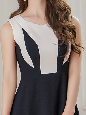 画像4: [送料無料][GINZA COUTURE]ブラック×ベージュ・シンプル・バイカラー・ノースリーブ・Aライン・ミディアムドレス・ワンピース[即日発送][大きいサイズあり]