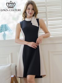 [送料無料][GINZA COUTURE]ブラック×ベージュ・シンプル・バイカラー・ノースリーブ・首元リボン・ひざ丈・Aライン・ミディアムドレス・ワンピース[即日発送][大きいサイズあり]