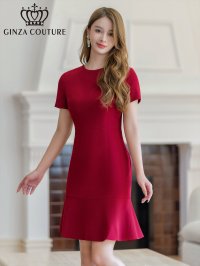 [送料無料][GINZA COUTURE]ワインレッド・シンプル・半袖・マーメイド・裾フリル・膝丈・ミニドレス・ワンピース[即日発送][大きいサイズあり]