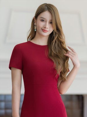 画像4: [送料無料][GINZA COUTURE]ワインレッド・シンプル・半袖・マーメイド・裾フリル・膝丈・ミニドレス・ワンピース[即日発送][大きいサイズあり]