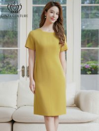 [送料無料][GINZA COUTURE]イエロー・ブルー・シンプル・半袖・無地・切替デザイン・タイト・膝丈・ミディアムドレス・ワンピース[即日発送][大きいサイズあり]