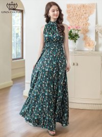 [送料無料][GINZA COUTURE]ブラック・ホワイト・首元フリル・フラワープリント・ウエストマーク・マキシ・ノースリーブ・Aライン・ロングドレス[即日発送][大きいサイズあり]