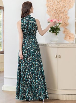 画像9: [送料無料][GINZA COUTURE]ホワイト・ブラック・ブラック・ホワイト・花柄・プリント・サテン・首元フリル・ウエストマーク・マキシ・アメリカンスリーブ・Aライン・ロングドレス[即日発送][大きいサイズあり]