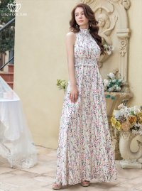 [送料無料][GINZA COUTURE]ホワイト・ブラック・首元フリル・シンプル・ウエストマーク・マキシ・ノースリーブ・Aライン・ロングドレス[即日発送][大きいサイズあり]