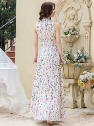 画像3: [送料無料][GINZA COUTURE]ホワイト・ブラック・ブラック・ホワイト・花柄・プリント・サテン・首元フリル・ウエストマーク・マキシ・アメリカンスリーブ・Aライン・ロングドレス[即日発送][大きいサイズあり]