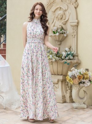 画像5: [送料無料][GINZA COUTURE]ホワイト・ブラック・ブラック・ホワイト・花柄・プリント・サテン・首元フリル・ウエストマーク・マキシ・アメリカンスリーブ・Aライン・ロングドレス[即日発送][大きいサイズあり]