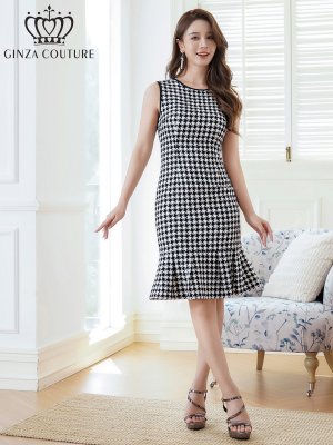 画像5: [送料無料][GINZA COUTURE]ホワイト×ブラック・千鳥格子・チェック・ツイード・パイピング・ノースリーブ・マーメイド・シンプル・ミディアムドレス・ワンピース[即日発送][大きいサイズあり]