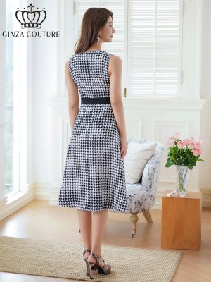 画像3: [送料無料][GINZA COUTURE]ホワイト×ブラック・千鳥格子・チェック・ツイード・ノースリーブ・Aライン・ミディアムドレス・ワンピース[即日発送][大きいサイズあり]