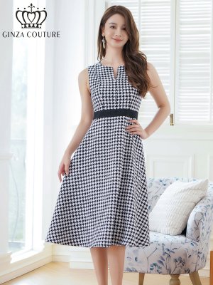 画像6: [送料無料][GINZA COUTURE]ホワイト×ブラック・千鳥格子・チェック・ツイード・ノースリーブ・Aライン・ミディアムドレス・ワンピース[即日発送][大きいサイズあり]