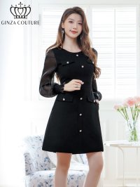 [送料無料][GINZA COUTURE]ブラック・アイボリー・ピンク・ビジューボタン・シアー・ラメ糸・ポケット・切替・長袖・Aライン・ミニドレス・ワンピース[即日発送][大きいサイズあり]