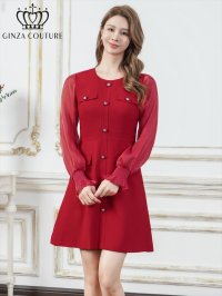 [送料無料][GINZA COUTURE]ワインレッド・ピンク・アイボリー・ブラック・ビジューボタン・シアー・ラメ糸・ポケット・切替・長袖・Aライン・ミニドレス・ワンピース[即日発送][大きいサイズあり]