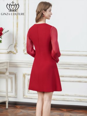 画像3: [送料無料][GINZA COUTURE]ワインレッド・ピンク・アイボリー・ブラック・ビジューボタン・シアー・ラメ糸・ポケット・切替・長袖・Aライン・ミニドレス・ワンピース[即日発送][大きいサイズあり]