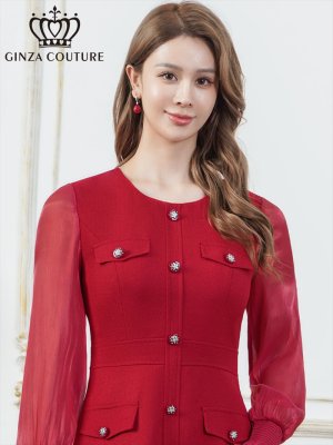 画像4: [送料無料][GINZA COUTURE]ワインレッド・ピンク・アイボリー・ブラック・ビジューボタン・シアー・ラメ糸・ポケット・切替・長袖・Aライン・ミニドレス・ワンピース[即日発送][大きいサイズあり]