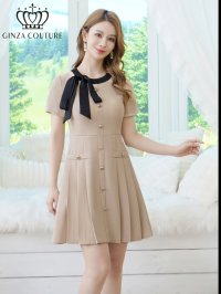 [送料無料][GINZA COUTURE]ベージュ・グレー・ネイビー・レッド・ピンク・イエロー・アイボリー・バイカラー・半袖・Aライン・リボン・ボタン・シンプル・ミニドレス・ワンピース[即日発送][大きいサイズあり]