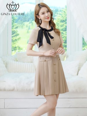 画像2: [送料無料][GINZA COUTURE]ベージュ・グレー・ネイビー・レッド・ピンク・イエロー・アイボリー・バイカラー・半袖・Aライン・リボン・ボタン・シンプル・ミニドレス・ワンピース[即日発送][大きいサイズあり]