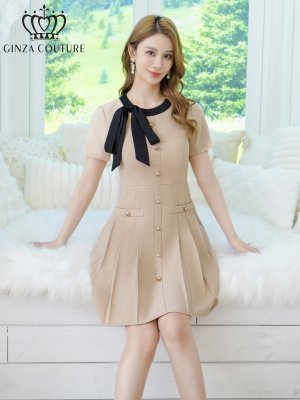 画像6: [送料無料][GINZA COUTURE]ベージュ・グレー・ネイビー・レッド・ピンク・イエロー・アイボリー・バイカラー・半袖・Aライン・リボン・ボタン・シンプル・ミニドレス・ワンピース[即日発送][大きいサイズあり]