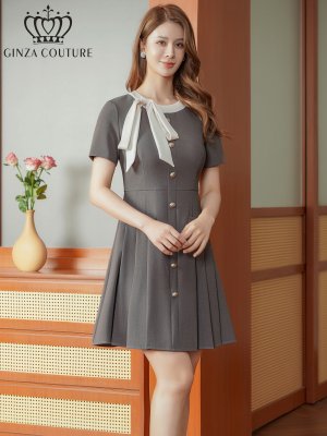 画像6: [送料無料][GINZA COUTURE]グレー・ネイビー・レッド・ピンク・イエロー・アイボリー・バイカラー・半袖・Aライン・リボン・ボタン・シンプル・ミニドレス・ワンピース[即日発送][大きいサイズあり]