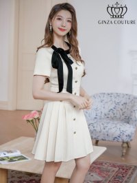 [送料無料][GINZA COUTURE]アイボリー・ネイビー・ピンク・バイカラー・半袖・リボン・ボタン・プリーツ・Aライン・ミニドレス・ワンピース[即日発送][大きいサイズあり]