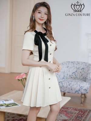 画像1: [送料無料][GINZA COUTURE]アイボリー・ネイビー・ピンク・バイカラー・半袖・リボン・ボタン・プリーツ・Aライン・ミニドレス・ワンピース[即日発送][大きいサイズあり]