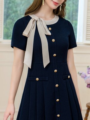 画像16: [送料無料][GINZA COUTURE]ピンク・アイボリー・ネイビー・イエロー・バイカラー・半袖・リボン・ボタン・プリーツ・Aライン・ミニドレス・ワンピース[即日発送][大きいサイズあり]