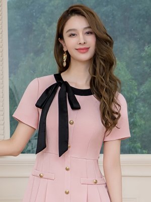 画像4: [送料無料][GINZA COUTURE]ピンク・アイボリー・ネイビー・イエロー・バイカラー・半袖・リボン・ボタン・プリーツ・Aライン・ミニドレス・ワンピース[即日発送][大きいサイズあり]