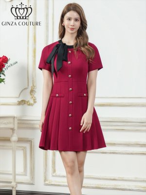 画像1: [送料無料][GINZA COUTURE]レッド・ピンク・イエロー・アイボリー・ネイビー・グレー・バイカラー・半袖・Aライン・リボン・ボタン・シンプル・ミニドレス・ワンピース[即日発送][大きいサイズあり]