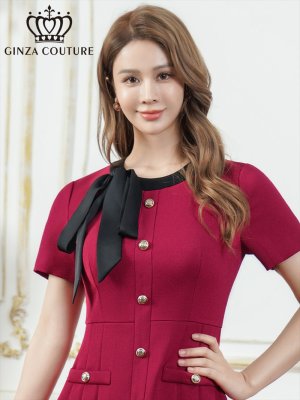 画像4: [送料無料][GINZA COUTURE]レッド・ピンク・イエロー・アイボリー・ネイビー・グレー・バイカラー・半袖・Aライン・リボン・ボタン・シンプル・ミニドレス・ワンピース[即日発送][大きいサイズあり]