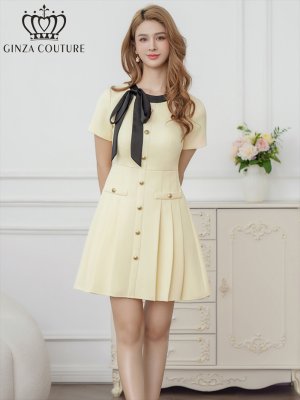 画像2: [送料無料][GINZA COUTURE]イエロー・ピンク・アイボリー・ネイビー・半袖・Aライン・リボン・ボタン・シンプル・ミニドレス・ワンピース[即日発送][大きいサイズあり]