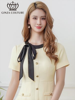 画像4: [送料無料][GINZA COUTURE]イエロー・ピンク・アイボリー・ネイビー・レッド・グレー・半袖・Aライン・リボン・ボタン・シンプル・ミニドレス・ワンピース[即日発送][大きいサイズあり]