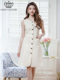 [送料無料][GINZA COUTURE]アイボリー・ノースリーブ・ハニカム生地・金ボタン・ポケット・Aライン・ミディアムドレス・ワンピース[即日発送][大きいサイズあり]