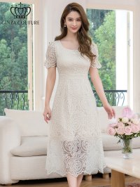 [送料無料][GINZA COUTURE]アイボリー・総レース・パフスリーブ・半袖・スパンコール・ハイウエスト・Aライン・ミディアムドレス・ワンピース[即日発送][大きいサイズあり]