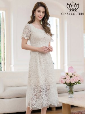 画像2: [送料無料][GINZA COUTURE]アイボリー・総レース・パフスリーブ・半袖・スパンコール・ハイウエスト・Aライン・ミディアムドレス・ワンピース[即日発送][大きいサイズあり]