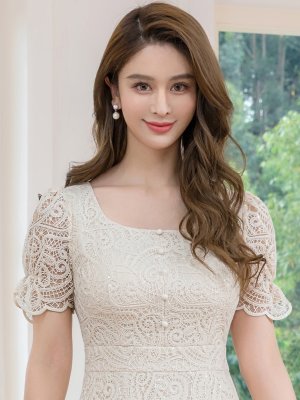 画像4: [送料無料][GINZA COUTURE]アイボリー・総レース・パフスリーブ・半袖・スパンコール・ハイウエスト・Aライン・ミディアムドレス・ワンピース[即日発送][大きいサイズあり]