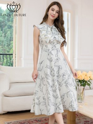 画像2: [送料無料][GINZA COUTURE]ホワイト×ブラック・ノースリーブ・Aライン・ハイウエスト・ミディアムドレス・ワンピース[即日発送][大きいサイズあり]